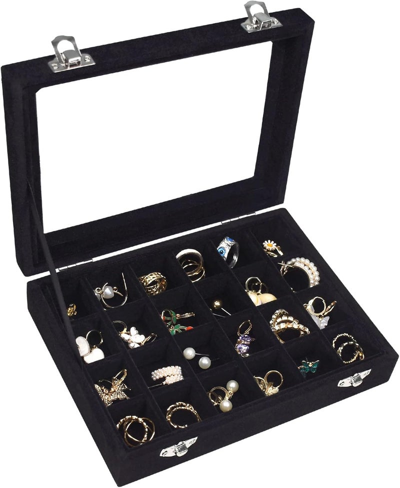 Vicoter Velvet Jewelry Box 24 Grid Jewelry Ring Display Organiser Box Tray Holder Earrings Storage Case for Girls Wife Mom Women (Black) - Image 1