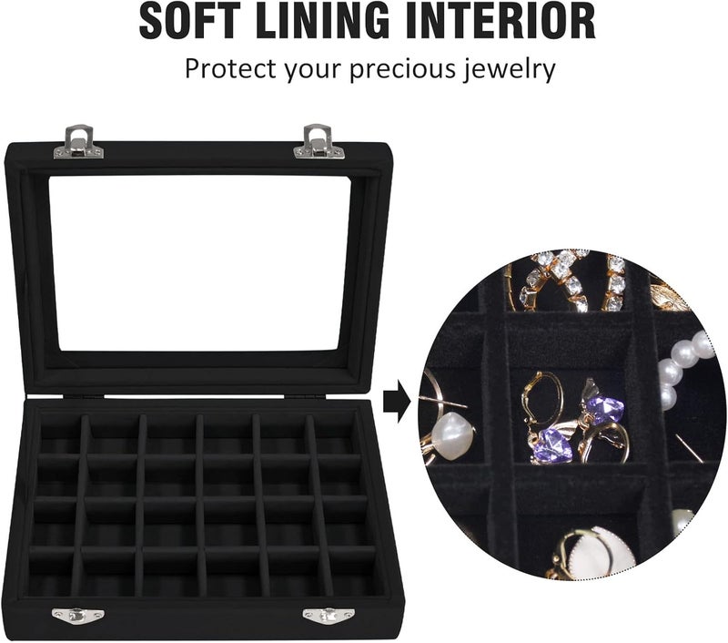 Vicoter Velvet Jewelry Box 24 Grid Jewelry Ring Display Organiser Box Tray Holder Earrings Storage Case for Girls Wife Mom Women (Black) - Image 3