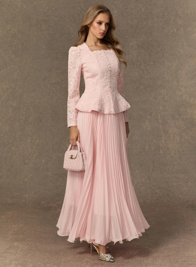 Sunfere Glamorous Choice Pink Embroidered Lace Jacket & Pleated Skirt Set