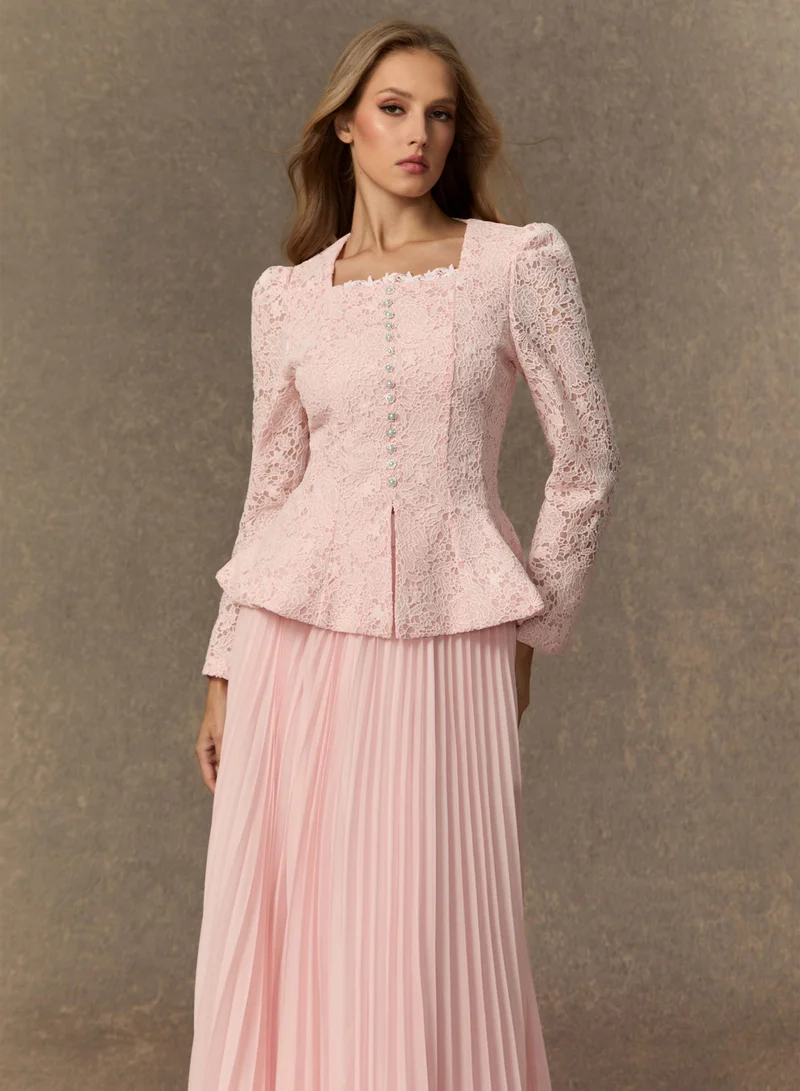 Sunfere  Glamorous Choice Pink Embroidered Lace Jacket & Pleated Skirt Set for Women | Best Price UAE