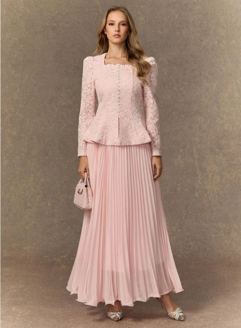 سنفير Glamorous Choice Pink Embroidered Lace Jacket & Pleated Skirt Set