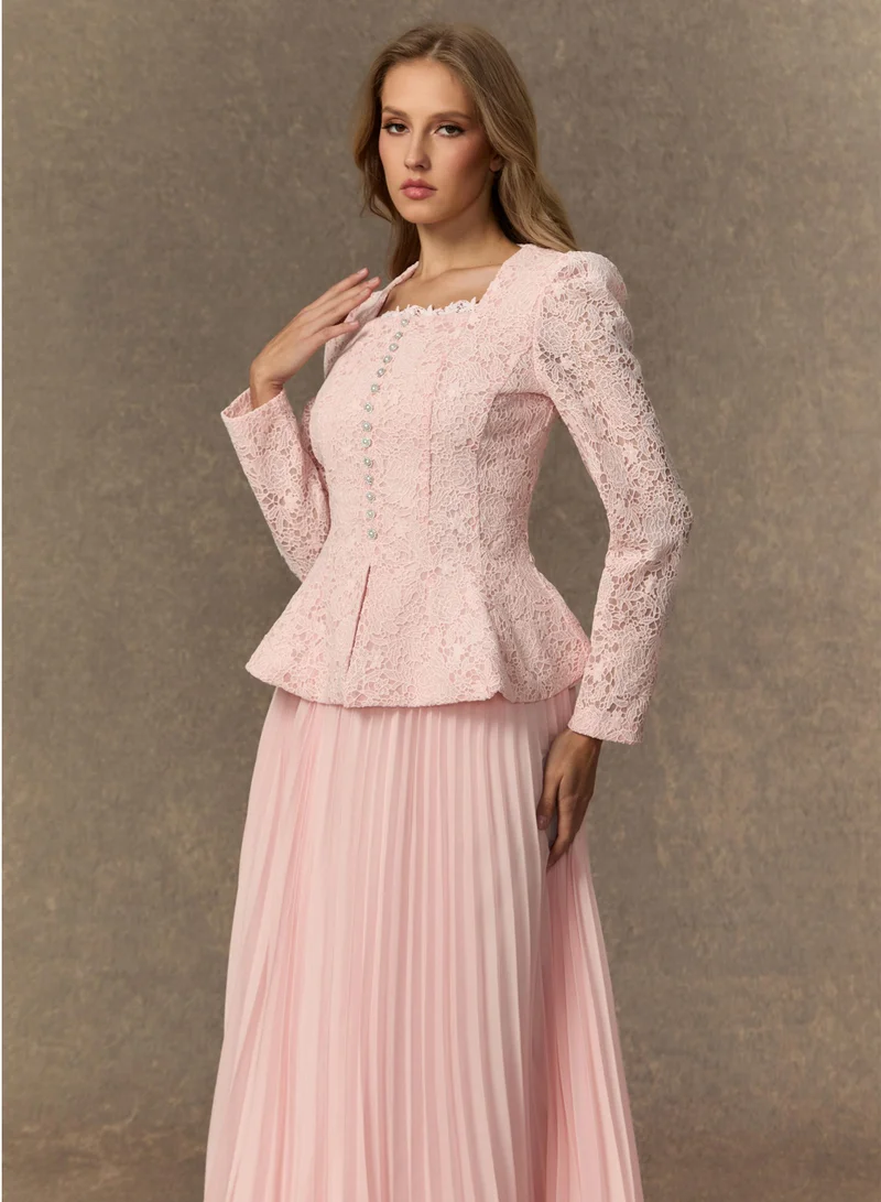 Sunfere  Glamorous Choice Pink Embroidered Lace Jacket & Pleated Skirt Set for Women | Best Price UAE