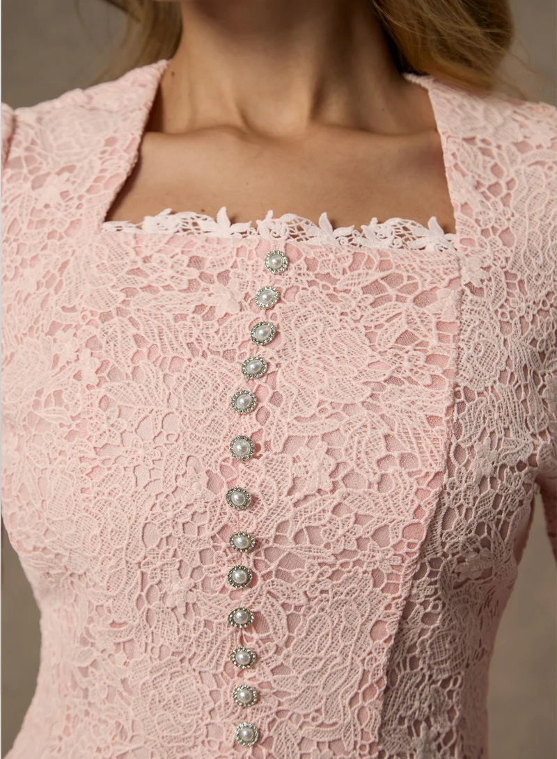 Sunfere  Glamorous Choice Pink Embroidered Lace Jacket & Pleated Skirt Set for Women | Best Price UAE