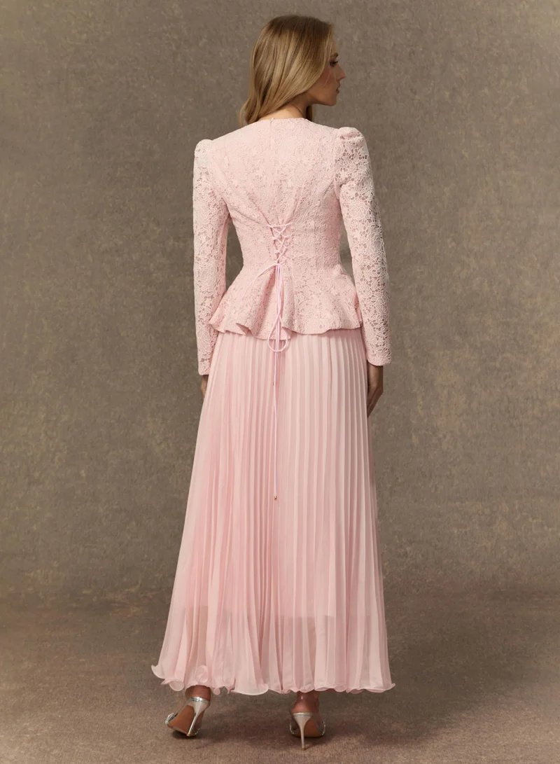 Sunfere  Glamorous Choice Pink Embroidered Lace Jacket & Pleated Skirt Set for Women | Best Price UAE
