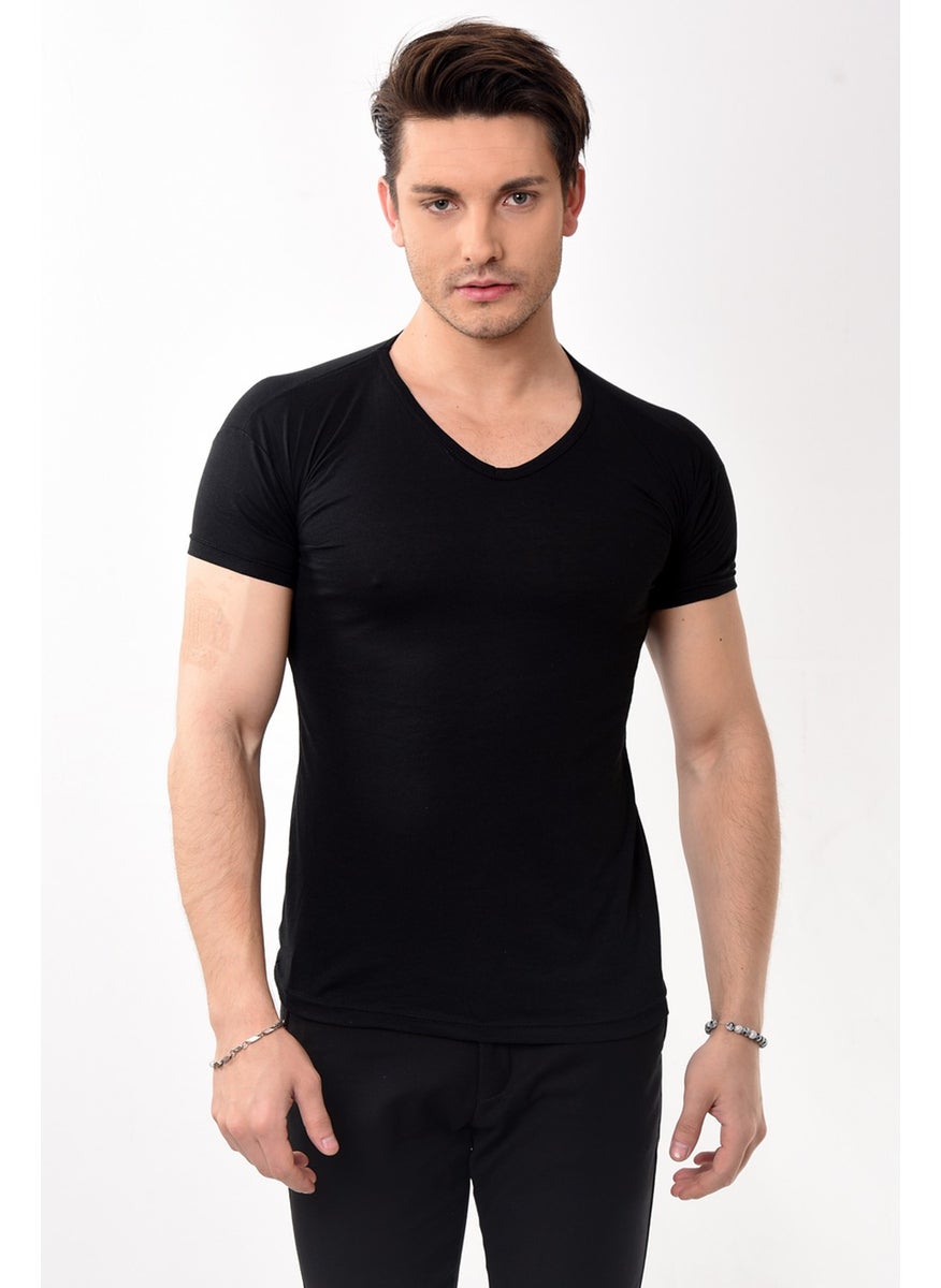 Belifanti Collection تي شيرت رجالي أساسي ضيق بفتحة رقبة على شكل حرف V باللون الأسود  - Image 1