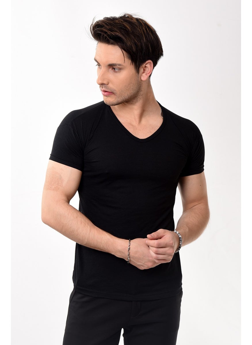 Belifanti Collection تي شيرت رجالي أساسي ضيق بفتحة رقبة على شكل حرف V باللون الأسود  - Image 3