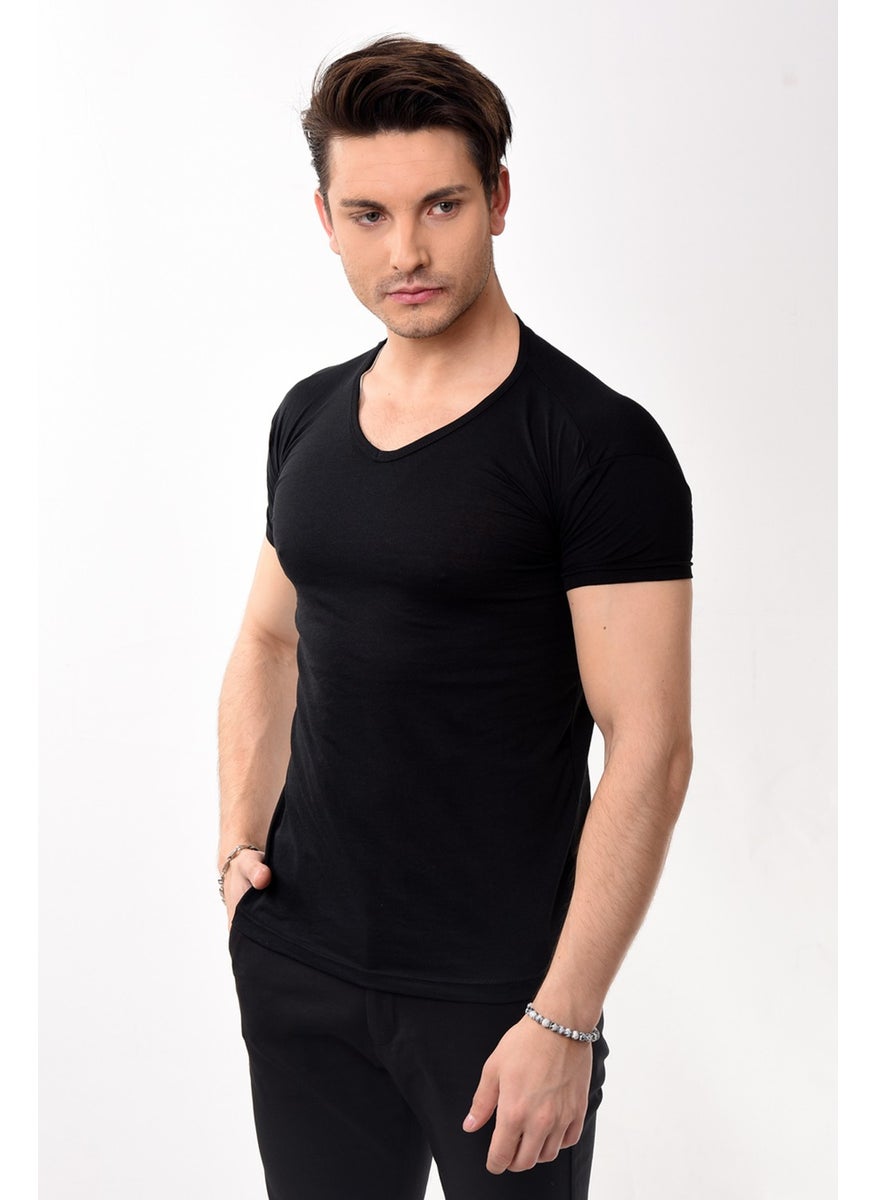 Belifanti Collection تي شيرت رجالي أساسي ضيق بفتحة رقبة على شكل حرف V باللون الأسود  - Image 2