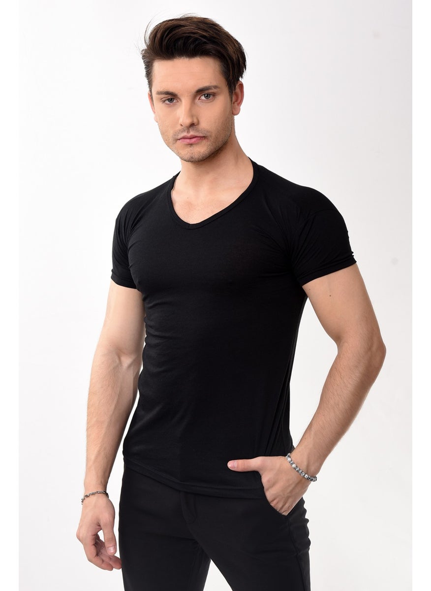 Belifanti Collection تي شيرت رجالي أساسي ضيق بفتحة رقبة على شكل حرف V باللون الأسود  - Image 4