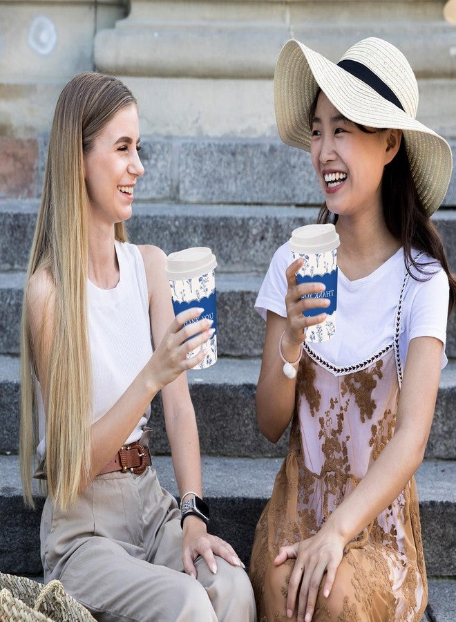 JarThenaAMCS جرثينا AMCS 48 مجموعة أكواب قهوة زرقاء مزخرفة قابلة للتصرف مع أغطية وأكمام شكرًا أكواب ورقية بيضاء زرقاء لأعياد الميلاد وحفلات الزفاف واللوازم الحفلات - Image 4