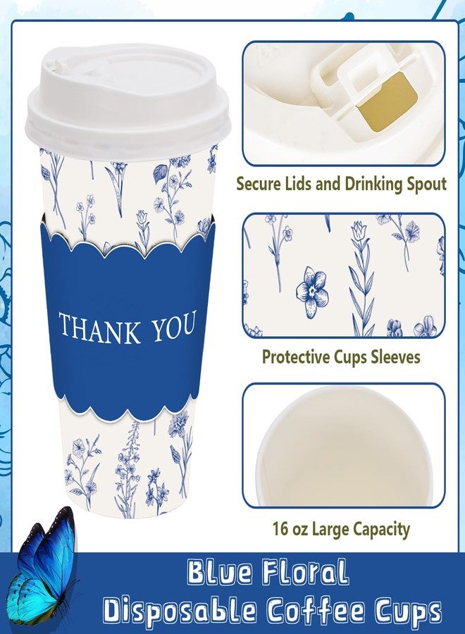 JarThenaAMCS جرثينا AMCS 48 مجموعة أكواب قهوة زرقاء مزخرفة قابلة للتصرف مع أغطية وأكمام شكرًا أكواب ورقية بيضاء زرقاء لأعياد الميلاد وحفلات الزفاف واللوازم الحفلات - Image 3