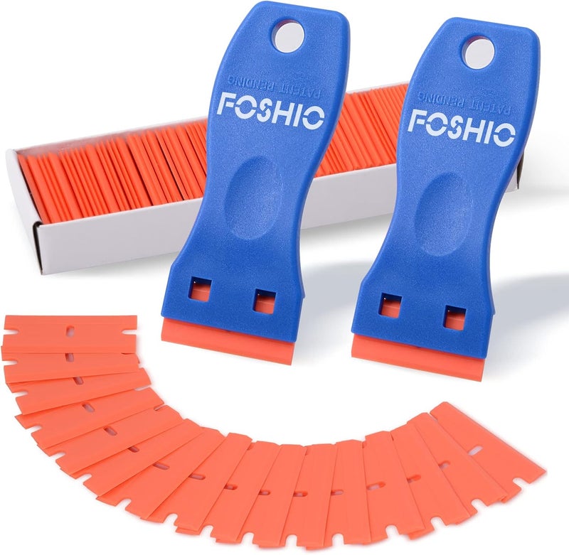 FOSHIO Plastic Razor Blade Scraper Include 2PCS Scraper Tool and 100PCS Blades for Gasket Remover, Labels Decal and Adhesive Remover for Windows and Glass - Image 1