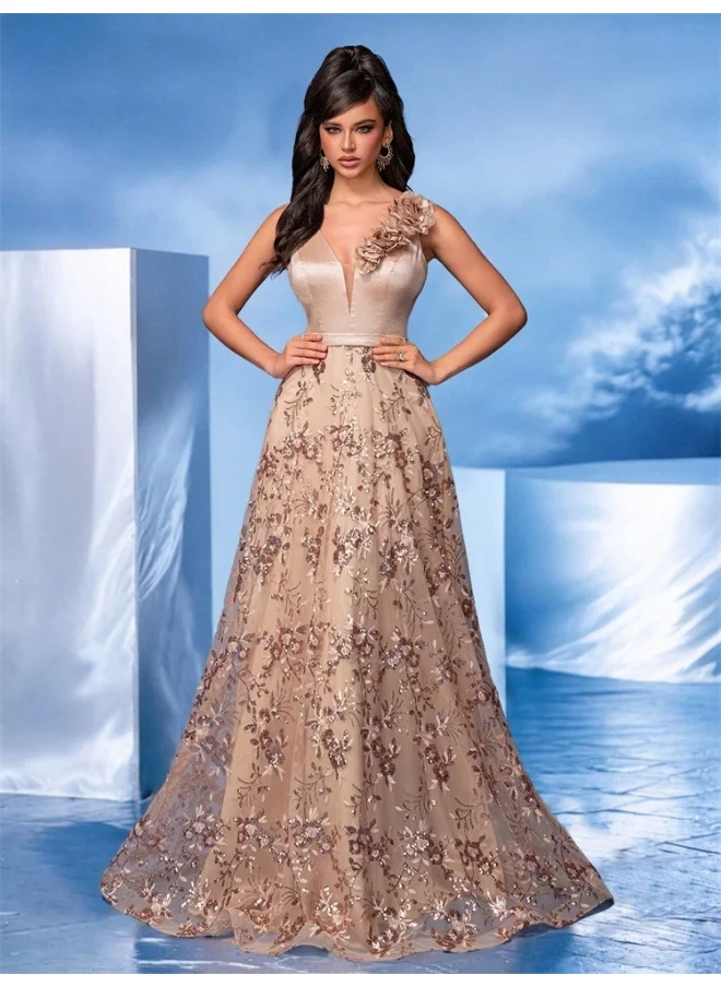Madam Uniq Champagne Color Deep V-Neck Embroidered Mermaid Evening Gown for Bridesmaids and Parties