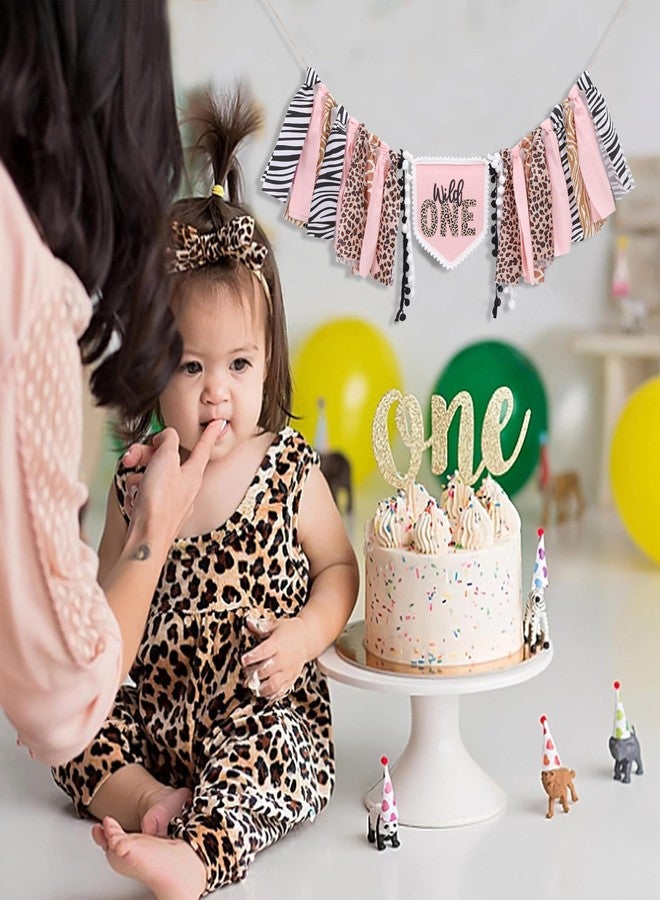 YOUAME Girls Leopard Print High Chair Banner - Wild One High Chair Decors, Pink Jungle Party Cheetah ONE Year Birthday Decorations, Girls First Year Animal Banners - Image 4