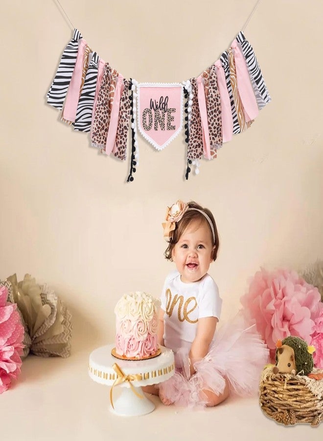 YOUAME Girls Leopard Print High Chair Banner - Wild One High Chair Decors, Pink Jungle Party Cheetah ONE Year Birthday Decorations, Girls First Year Animal Banners - Image 5