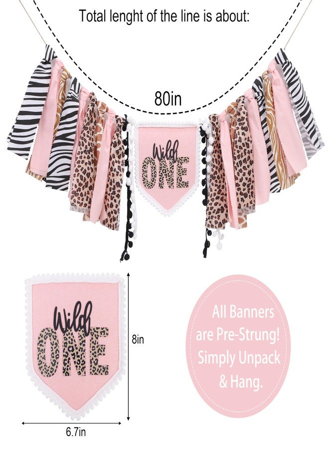 YOUAME Girls Leopard Print High Chair Banner - Wild One High Chair Decors, Pink Jungle Party Cheetah ONE Year Birthday Decorations, Girls First Year Animal Banners - Image 2