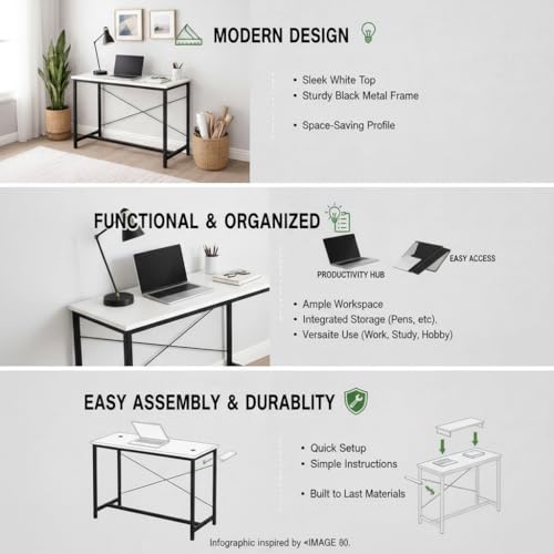 EXVITO Portable Wood & Metal Computer Desk | Foldable Modern Writing | Multipurpose Study Table Best for Home, School, Office Work & More | Ideal for Kids & Adults - (White, Standard) - Image 4