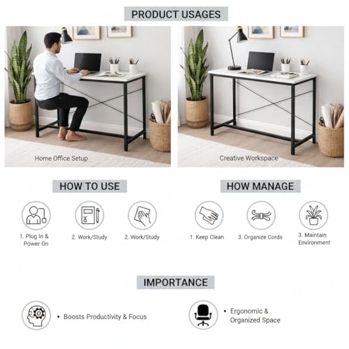 EXVITO Portable Wood & Metal Computer Desk | Foldable Modern Writing | Multipurpose Study Table Best for Home, School, Office Work & More | Ideal for Kids & Adults - (White, Standard) - Image 5