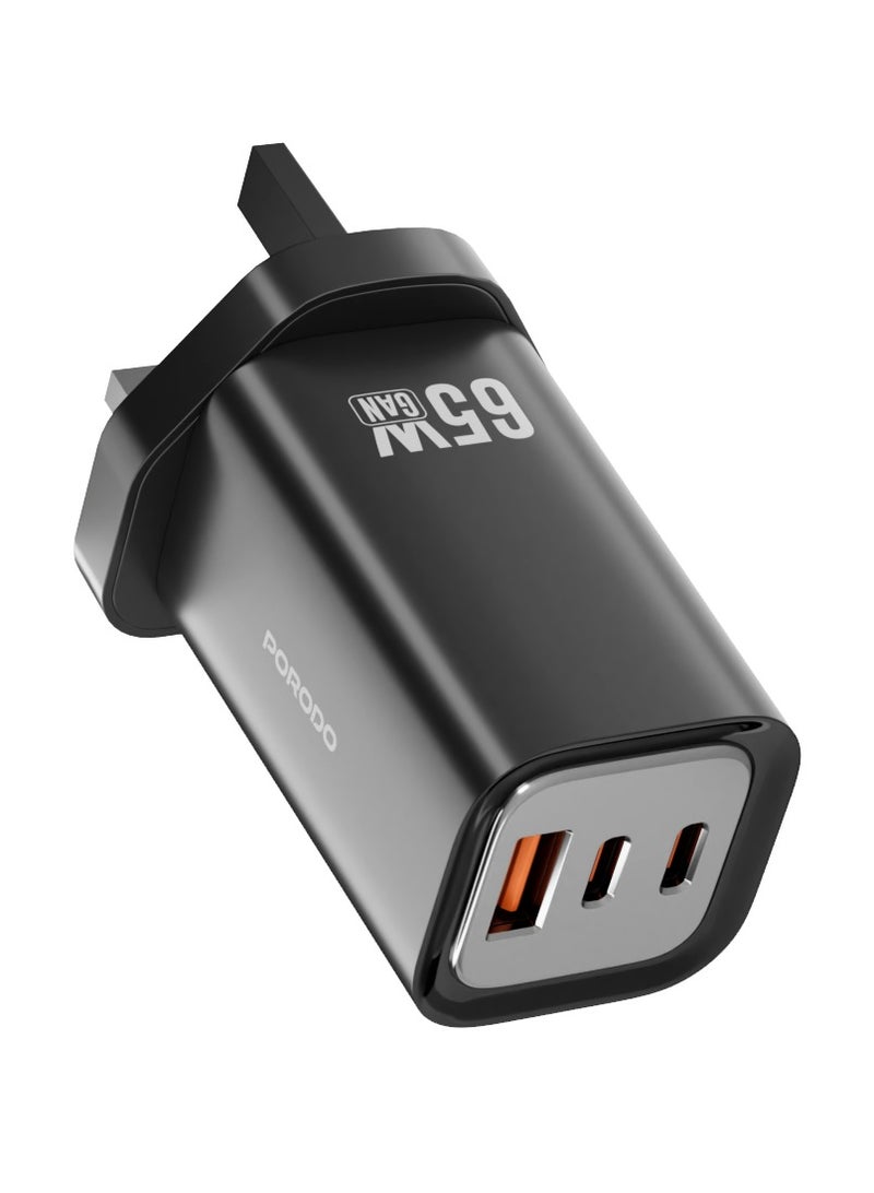 بورودو شاحن حائط سريع PD 65 وات ثلاثي المخرجات من GaN بمقبس المملكة المتحدة / مخرج USB-A ومخرجين USB-C / QC 22.5 وات / شحن متزامن / شاحن كمبيوتر محمول / حماية مدمجة - أسود - Image 4