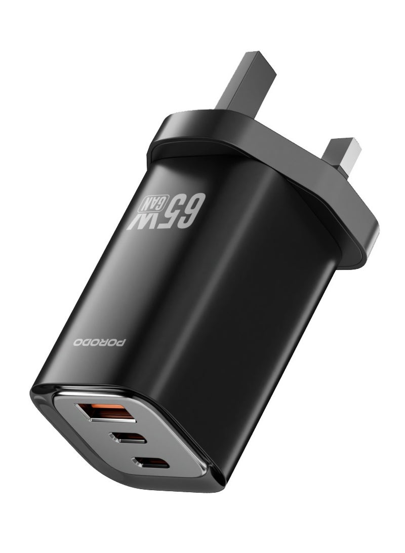 بورودو شاحن حائط سريع PD 65 وات ثلاثي المخرجات من GaN بمقبس المملكة المتحدة / مخرج USB-A ومخرجين USB-C / QC 22.5 وات / شحن متزامن / شاحن كمبيوتر محمول / حماية مدمجة - أسود - Image 2