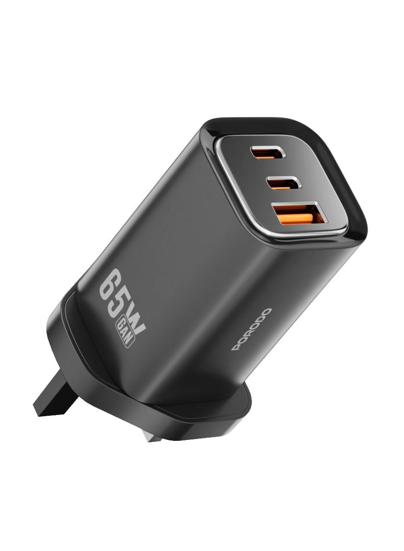 بورودو شاحن حائط سريع PD 65 وات ثلاثي المخرجات من GaN بمقبس المملكة المتحدة / مخرج USB-A ومخرجين USB-C / QC 22.5 وات / شحن متزامن / شاحن كمبيوتر محمول / حماية مدمجة - أسود - Image 1