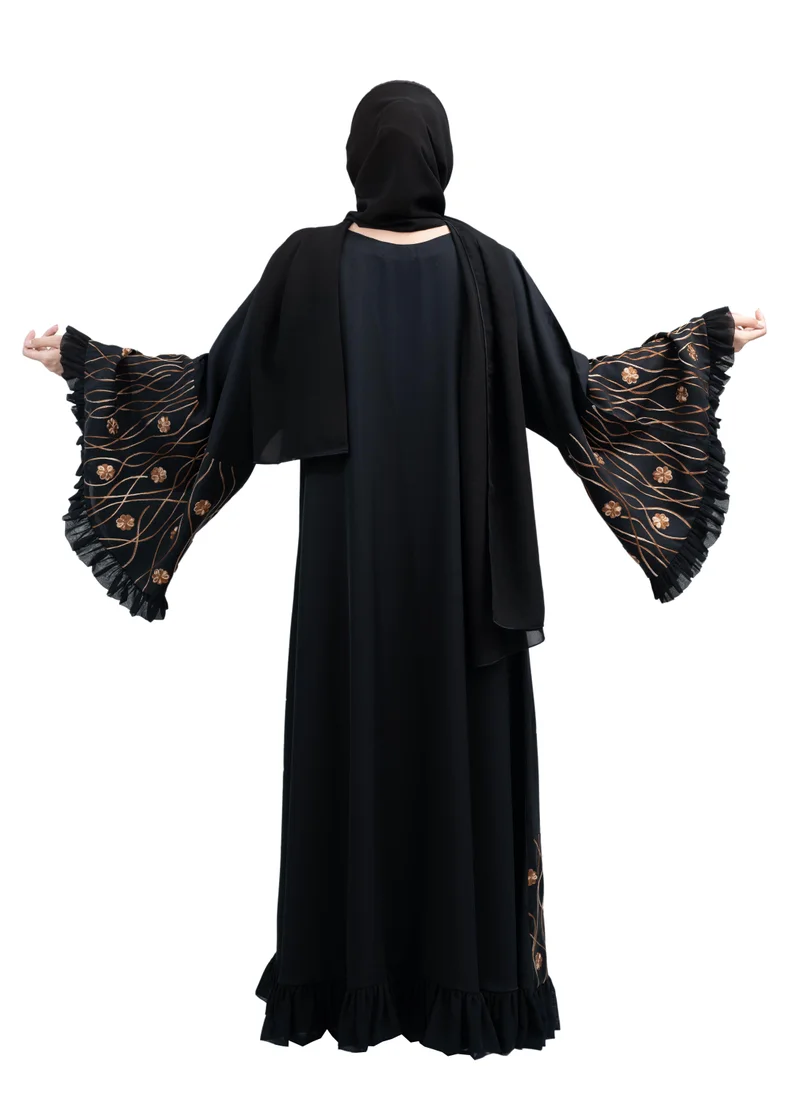 NUKHBAA  Chic Black Nida Abaya with Brown Floral Embroidery and Frill Design includes Hijab-635 for Women | Best Price UAE
