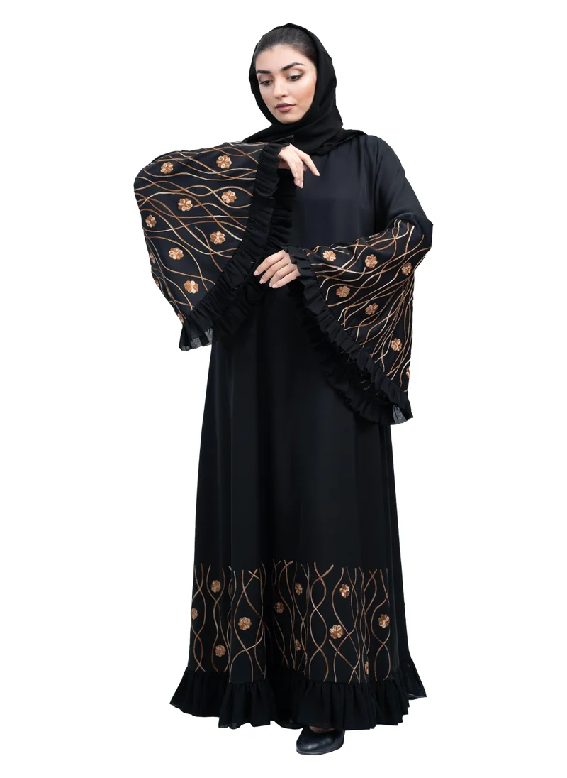 النخبة Chic Black Nida Abaya with Brown Floral Embroidery and Frill Design includes Hijab-635