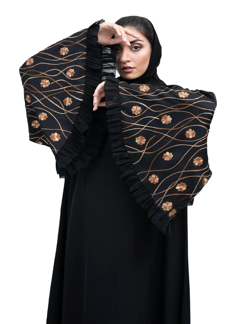 NUKHBAA  Chic Black Nida Abaya with Brown Floral Embroidery and Frill Design includes Hijab-635 for Women | Best Price UAE