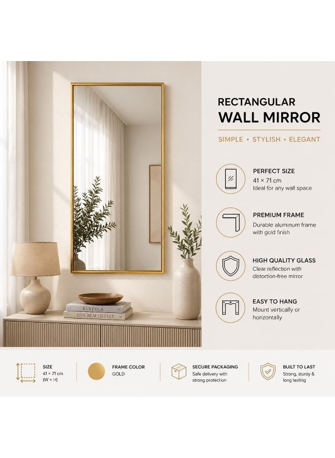 مرآة حائط مستطيلة مقاس 41 × 71 سم، بإطار PVC ذهبي، مرآة ديكور عصرية مثبتة على الحائط مقاس 40 × 70 سم لغرفة النوم، الحمام، غرفة المعيشة، الممر، غرفة تبديل الملابس وطاولة الزينة DK - Image 2