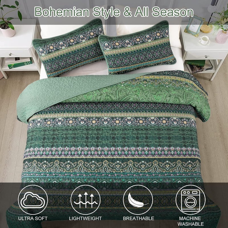 WONGS BEDDING مجموعة أغطية الأسرّة بأسلوب البوهو من WONGS، حجم كامل، لون أخضر، مجموعة أغطية أسرّة بأسلوب البوهو، غطاء سرير خفيف من القطن الميكروفيبر مثالي لجميع المواسم، مقاس 78" × 90" (3 قطعة) - Image 4
