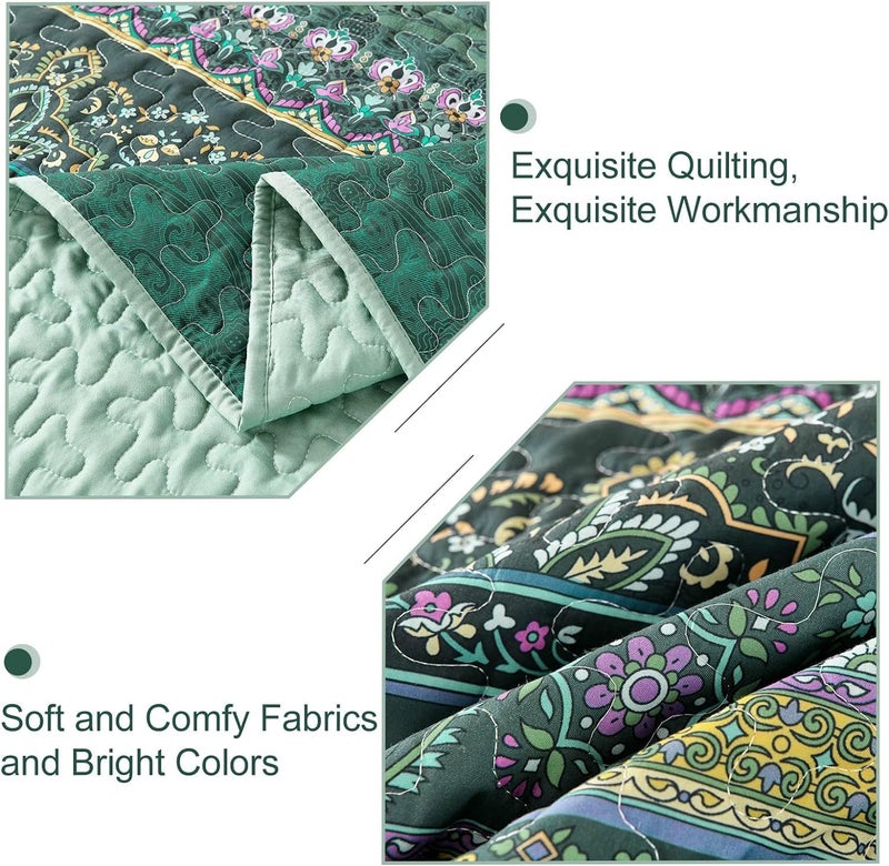 WONGS BEDDING مجموعة أغطية الأسرّة بأسلوب البوهو من WONGS، حجم كامل، لون أخضر، مجموعة أغطية أسرّة بأسلوب البوهو، غطاء سرير خفيف من القطن الميكروفيبر مثالي لجميع المواسم، مقاس 78" × 90" (3 قطعة) - Image 5