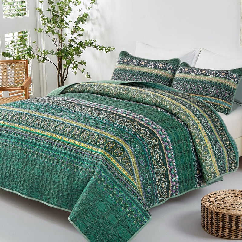 WONGS BEDDING مجموعة أغطية الأسرّة بأسلوب البوهو من WONGS، حجم كامل، لون أخضر، مجموعة أغطية أسرّة بأسلوب البوهو، غطاء سرير خفيف من القطن الميكروفيبر مثالي لجميع المواسم، مقاس 78" × 90" (3 قطعة) - Image 2