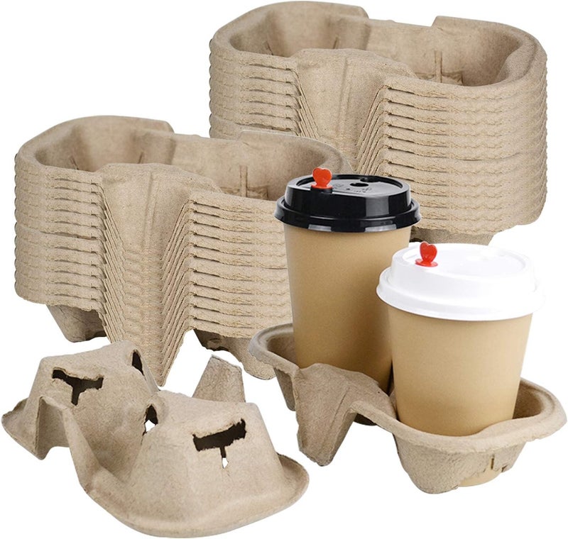 Lainrrew 25 Pcs 2 Cups Biodegradable Drink Carriers, Compostable Drink Carry Trays Cup Holders for Hot & Cold Drinks, Durable Molded Coffee Carry Tray for Food Delivery Service - Image 1