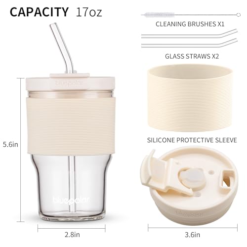 BLUEPOLAR Glass Tumbler Set with Lids and Straws, 17 oz Reusable Cups for Iced Coffee, Cold Brew, Tea, Smoothie (White with Sleeve) - Image 2