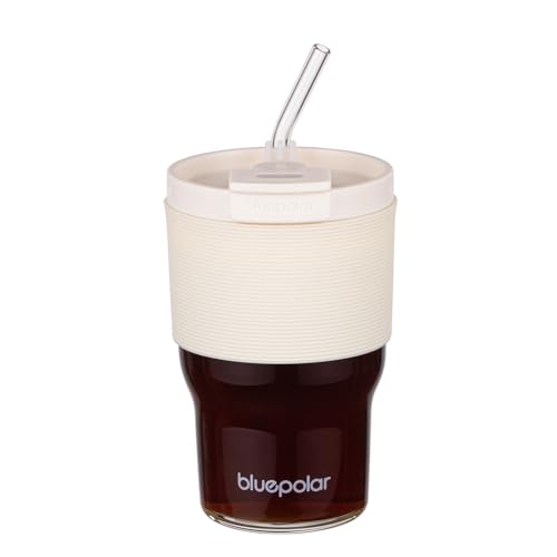 BLUEPOLAR Glass Tumbler Set with Lids and Straws, 17 oz Reusable Cups for Iced Coffee, Cold Brew, Tea, Smoothie (White with Sleeve) - Image 1