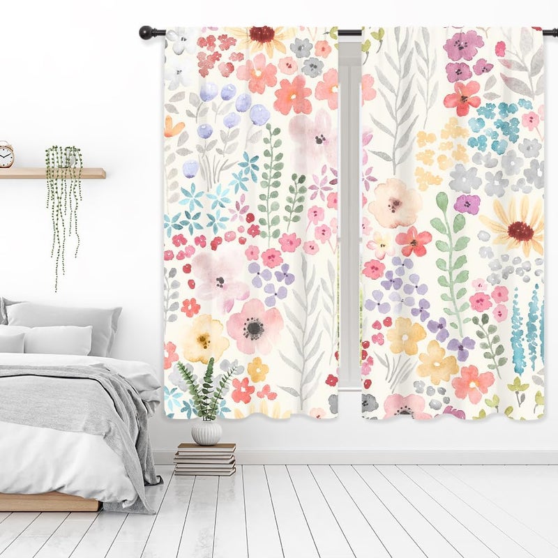 Riyidecor Colorful Floral Curtains Pink Cute Boho Wildflower Trendy Watercolor Plant Leaves Botanical Rod Pocket Pretty Aesthetic for Girls Bedroom Living Room Treatment Fabric 2 Panels 42Wx63H Inch - Image 1