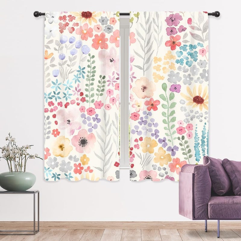 Riyidecor Colorful Floral Curtains Pink Cute Boho Wildflower Trendy Watercolor Plant Leaves Botanical Rod Pocket Pretty Aesthetic for Girls Bedroom Living Room Treatment Fabric 2 Panels 42Wx63H Inch - Image 3