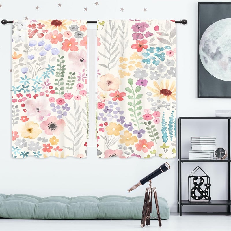 Riyidecor Colorful Floral Curtains Pink Cute Boho Wildflower Trendy Watercolor Plant Leaves Botanical Rod Pocket Pretty Aesthetic for Girls Bedroom Living Room Treatment Fabric 2 Panels 42Wx63H Inch - Image 5