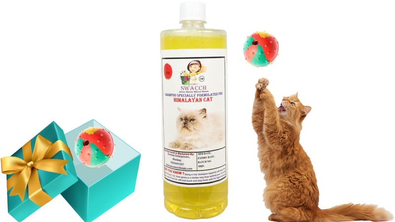 swacch Himalayan Cat Shampoo + Rubber Musical Ball I Chew Playing Rubber Ball I Interactive Cat Toy Balls I Training & Play I Combo Pack I 1 Litre Lemon - Image 1