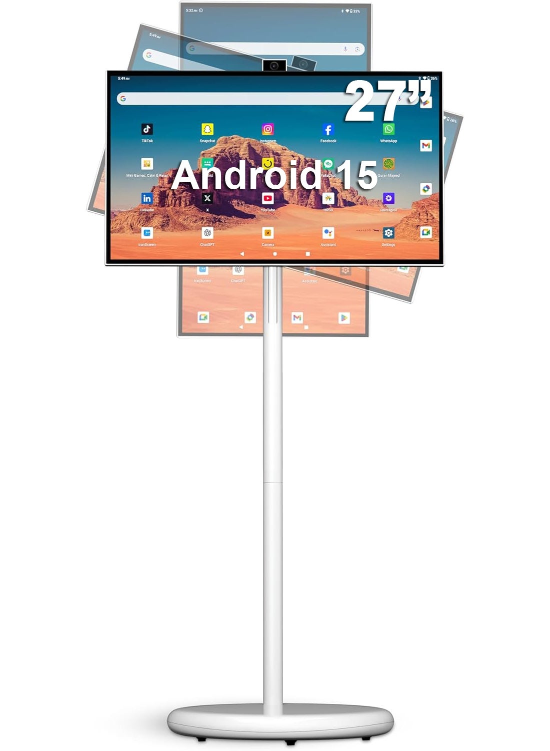 27-Inch Movable Smart Display FHD Touchscreen Android 15 – Portable Interactive Screen with Stand, 10-Point Multi-Touch IPS Monitor, 6GB RAM 128GB Storage, Built-in Camera & Speakers, WiFi & Bluetooth Smart Screen, Floor Standing Digital Signage Monitor