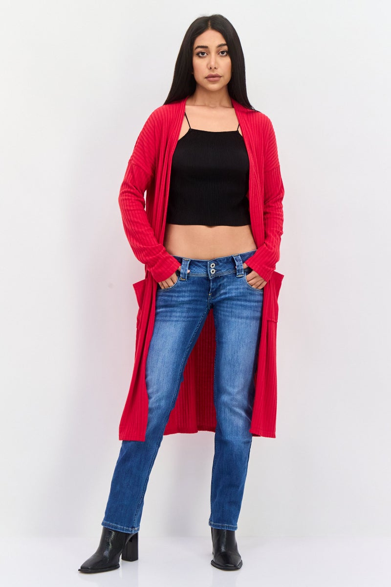 BRAVE SOUL Women Long Sleeves Textured Cardigan, Red - Image 1
