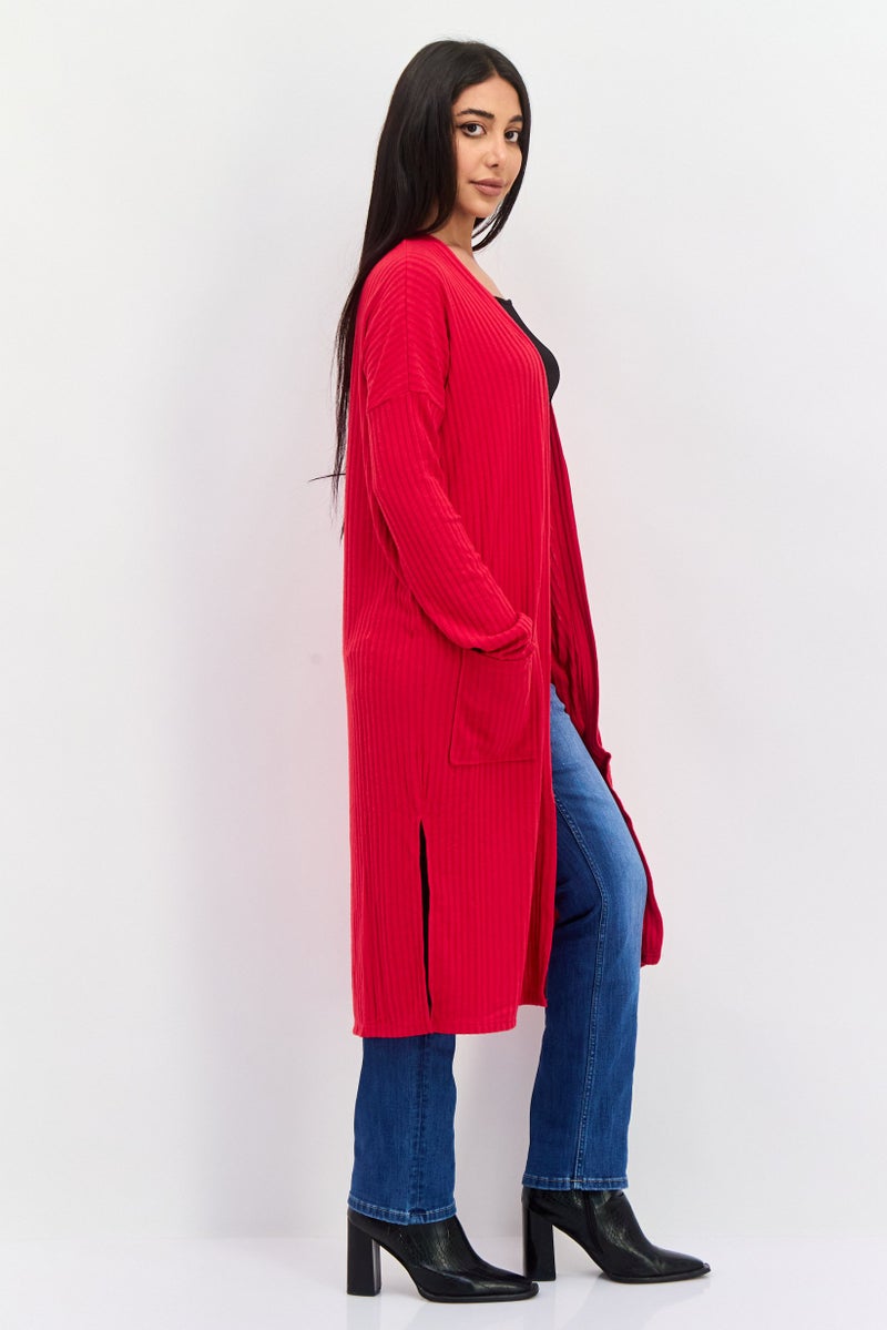 BRAVE SOUL Women Long Sleeves Textured Cardigan, Red - Image 3