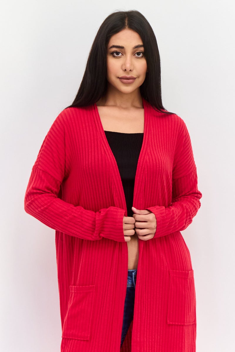 BRAVE SOUL Women Long Sleeves Textured Cardigan, Red - Image 2