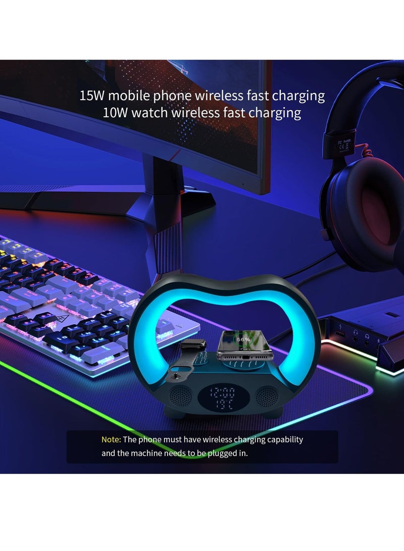 Intelligent LED Table Lamp 2024 New Intelligent LED Table Bluetooth 5.3 Speaker 15W Wireless Charging RGB Atmosphere Light 6 in 1 Wireless Charging Night Light Home Bedroom Gift White - Image 2