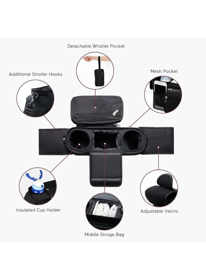 Universal Stroller Organizer with Insulated Cup Holder Detachable Phone Bag & Shoulder Strap - Image 2