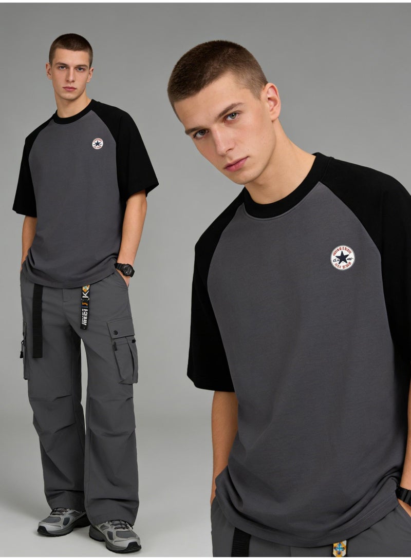 CONVERSE Style Black & Grey Color Block Raglan T-Shirt Unisex Loose Casual Couple Short Sleeve Tee - Image 3