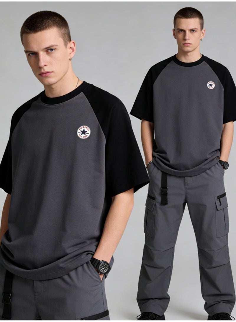 CONVERSE Style Black & Grey Color Block Raglan T-Shirt Unisex Loose Casual Couple Short Sleeve Tee - Image 5