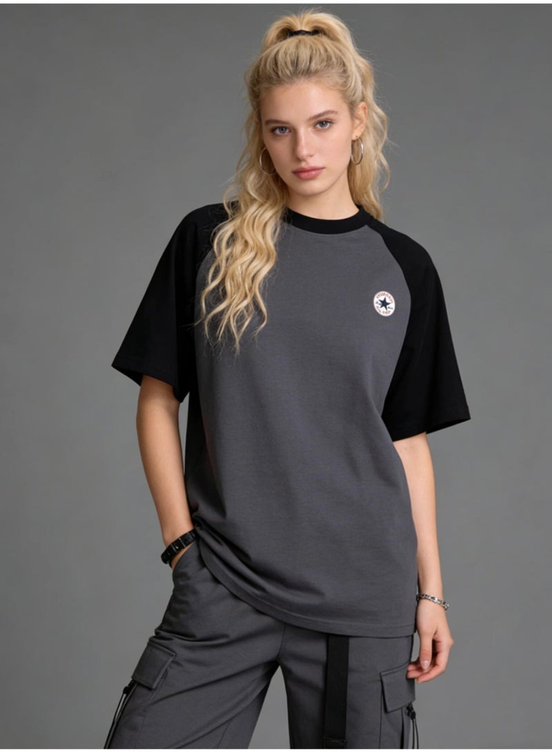 CONVERSE Style Black & Grey Color Block Raglan T-Shirt Unisex Loose Casual Couple Short Sleeve Tee - Image 2