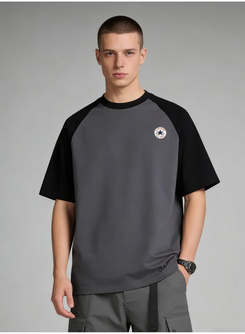 CONVERSE Style Black & Grey Color Block Raglan T-Shirt Unisex Loose Casual Couple Short Sleeve Tee - Image 1