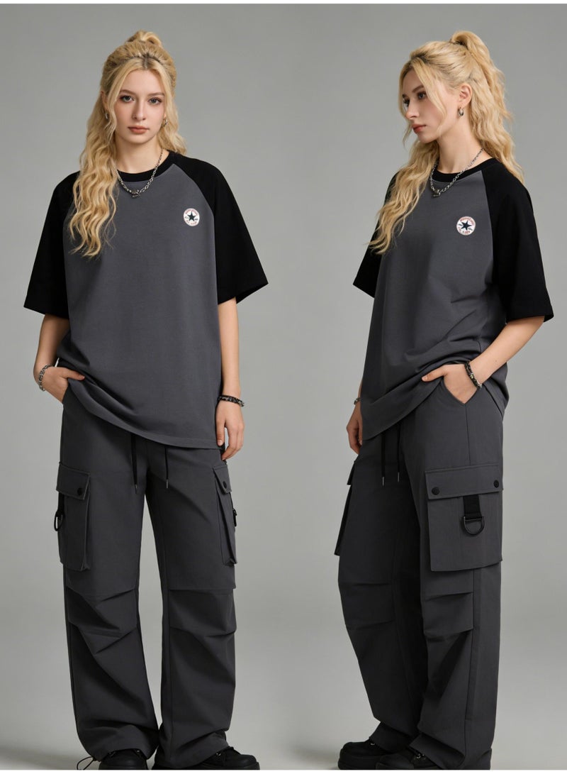 CONVERSE Style Black & Grey Color Block Raglan T-Shirt Unisex Loose Casual Couple Short Sleeve Tee - Image 4