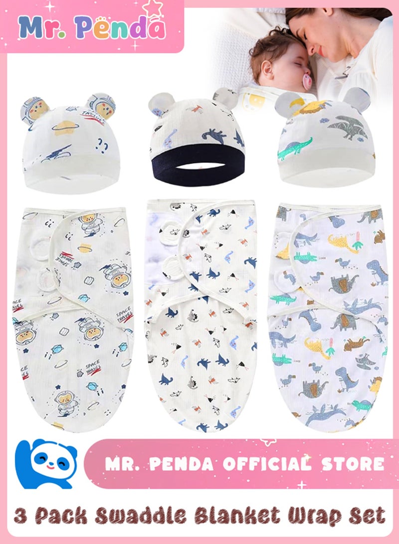 Mr. Penda 3 Pack Baby Swaddle Sleep Sack with Hat Set for 0-3 months Soft Cotton Newborn Wearable Swaddle Wrap for Girls Boys - Image 1